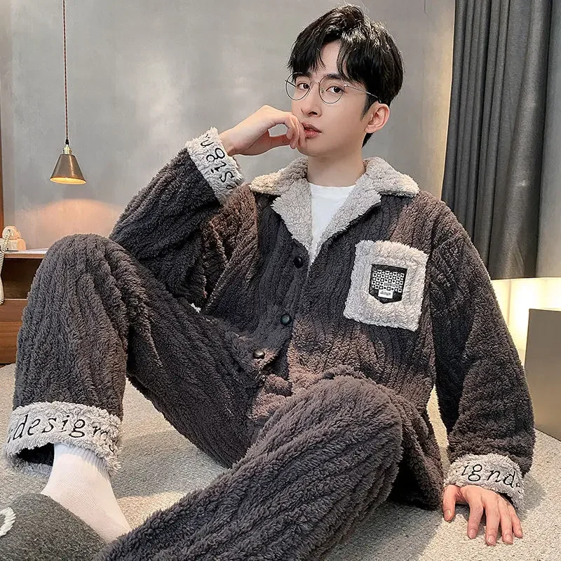 Winter Men's Pajamas Flannel Thickened with Long Sleeve Velvet Youth Autumn and Winter Can Wear Coral Velvet Home Suit Warm New