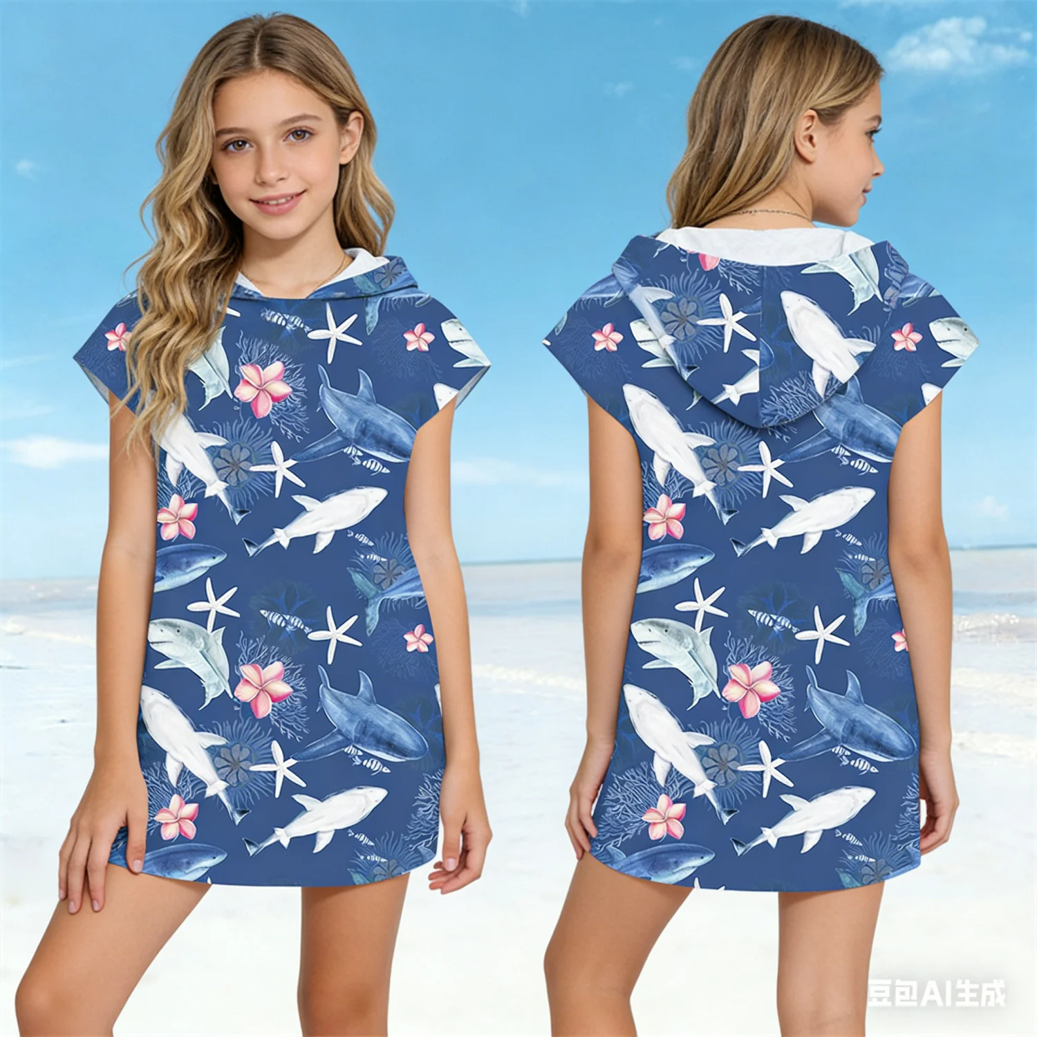 Haifisch-Bademantel, Strandtuch mit Tiefseetieren-Motiv, schnell trocknendes Badetuch, leichter Kapuzenumhang zum Schwimmen und Surfen für Erwachsene/Kinder