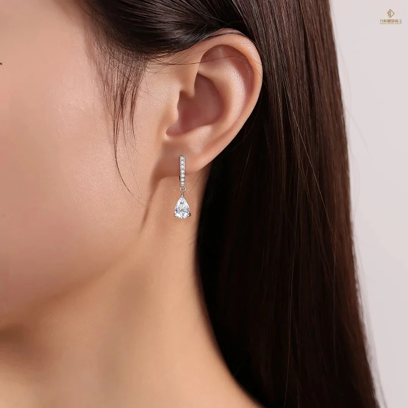 Wholesale Bulk Platinum Plated 925 Sterling Silver Moissanite Drop Earrings  1CT Pear Cut Moissanite Tassel Women's Anniversary view 4