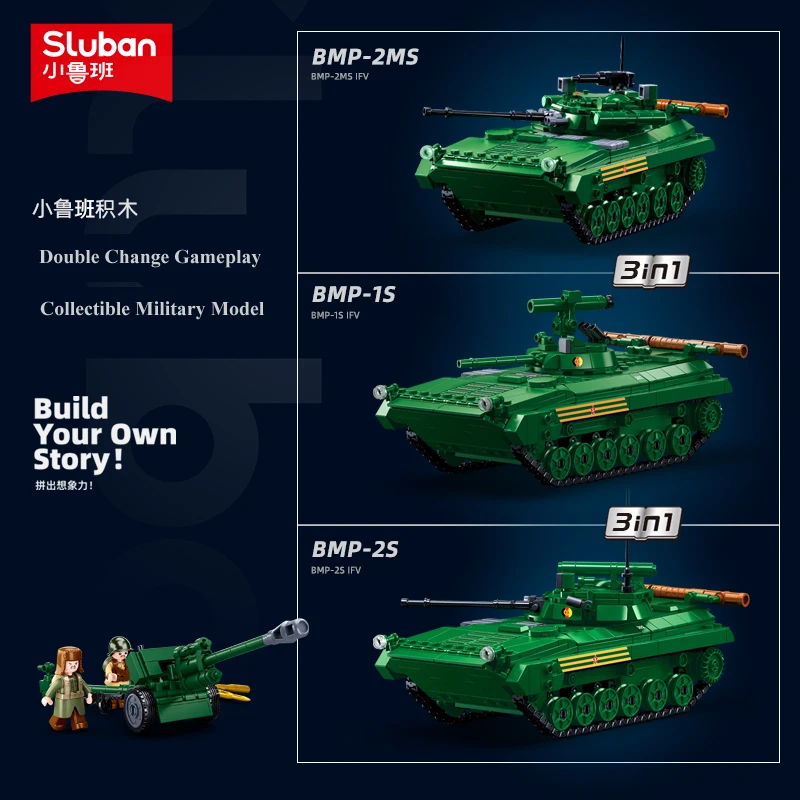 Sluban New WW2 Military 3 IN 1 The BMP-2MS Medium Tank Building Blocks Soldiers Army Bricks MBT Toys for Boys Gifts 738 PCS