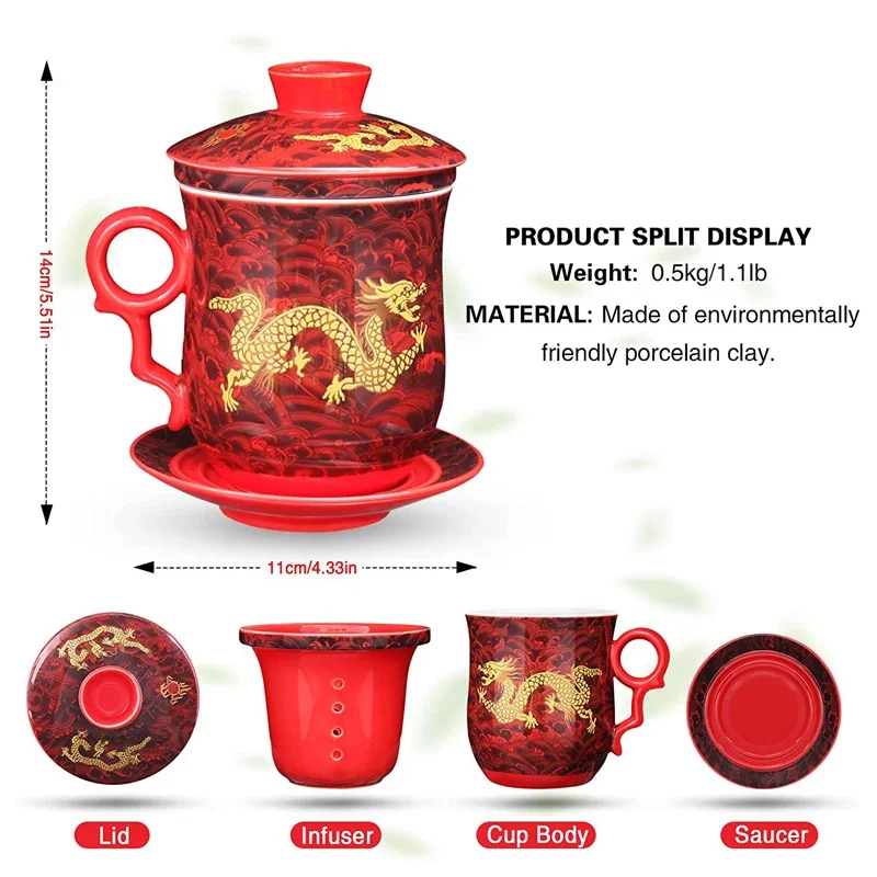 Chinese Dragon Pattern Tea-Mug with Strainer Infuser and Lid and Saucer Ceramic Tea Mug Convenient  Porcelain Personal Tea Cup