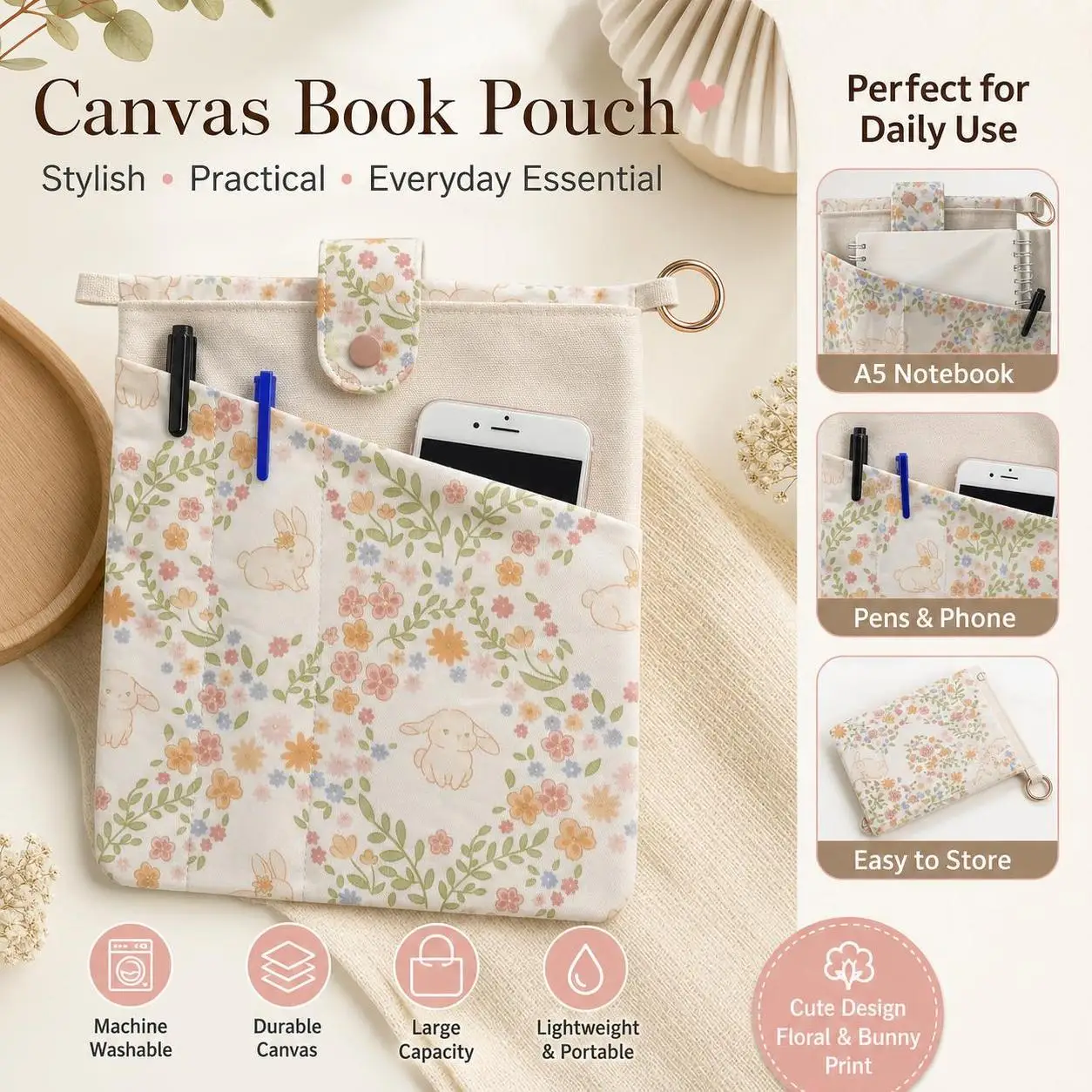 Cute Floral Rabbit Canvas Storage Bag Multifunctional Organizer Bag for A5 Notebook Phone Pen Daily Stationery Storage Supplies