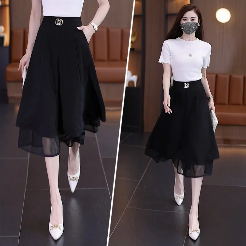 

Chiffon Pleated High Waist Midi Skirt Women's Summer New Sle Casual Slimming Me Splicing A-Line Skirt Busin Casual