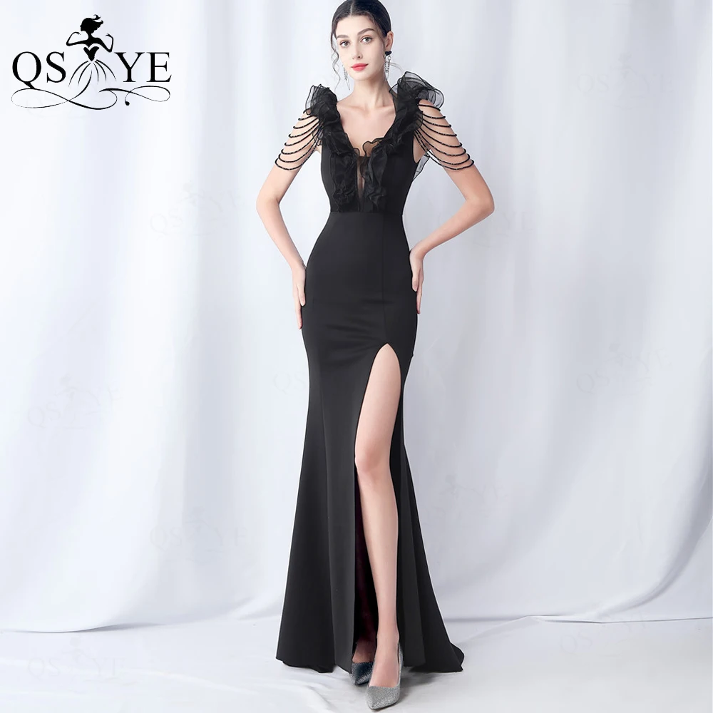 QSYYE Ruffles Black Evening Dresses 2024 V neck Beaded Strings Sleeves Split Long Prom Gown Stretchy Mermaid Fit Party Dress New