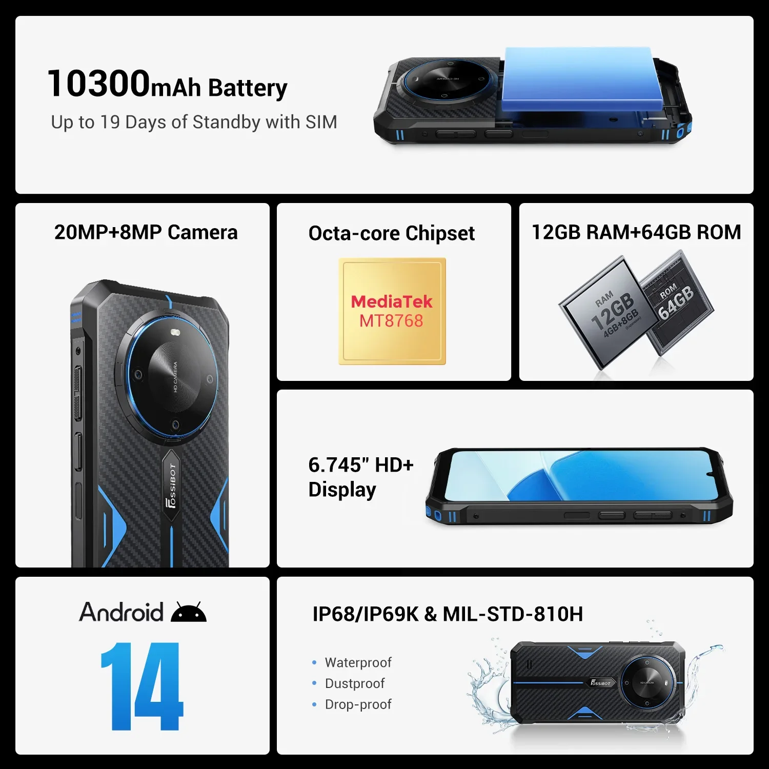 Fsibot-هاتف ذكي متين f105 ، بوصة hd + ips ، أندرويد 14 os ، 10 mah ، 12 + 64gb ، كاميرا 20 mb