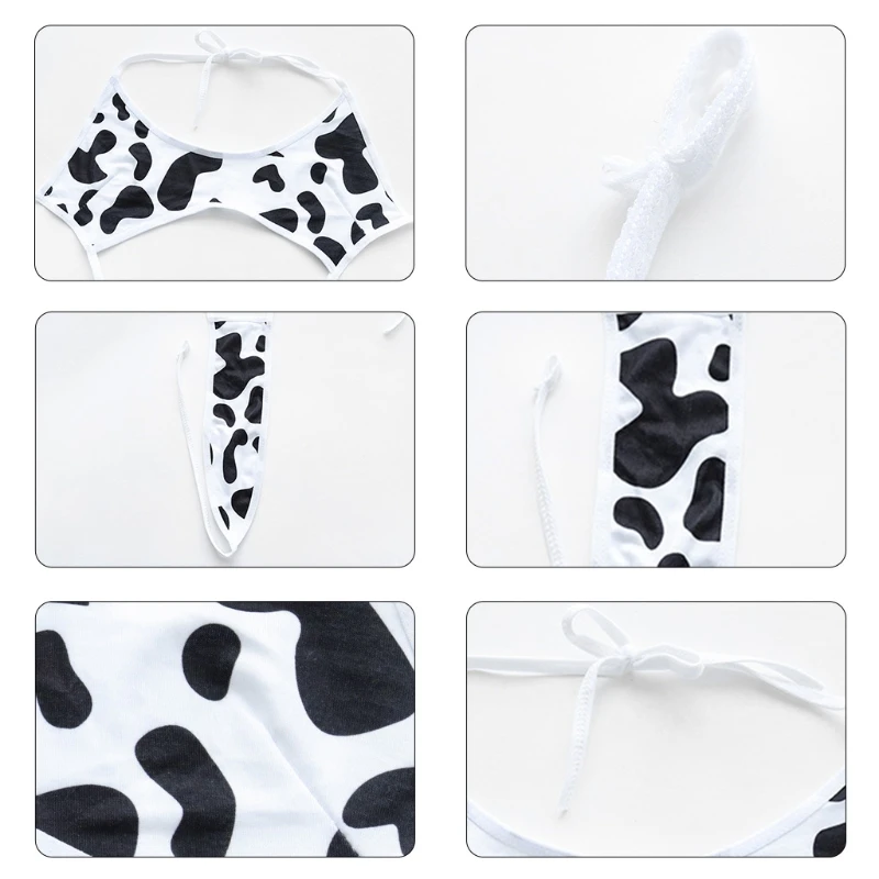 Women Kawaii Cow Maid Cosplay Bikini Swimsuit Lingerie Bodysuit Halter Monokini Mini Lolita Anime Jumpsuit Nightwear