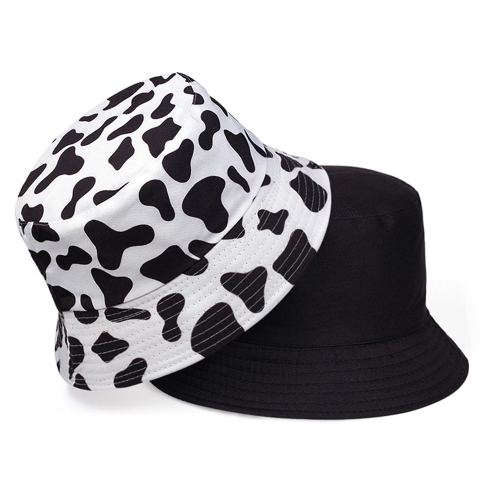 Unisex Cow Print Double-side Personality Bucket Hats Fishermen Caps Outdoor Casual Cap Sunscreen Hat