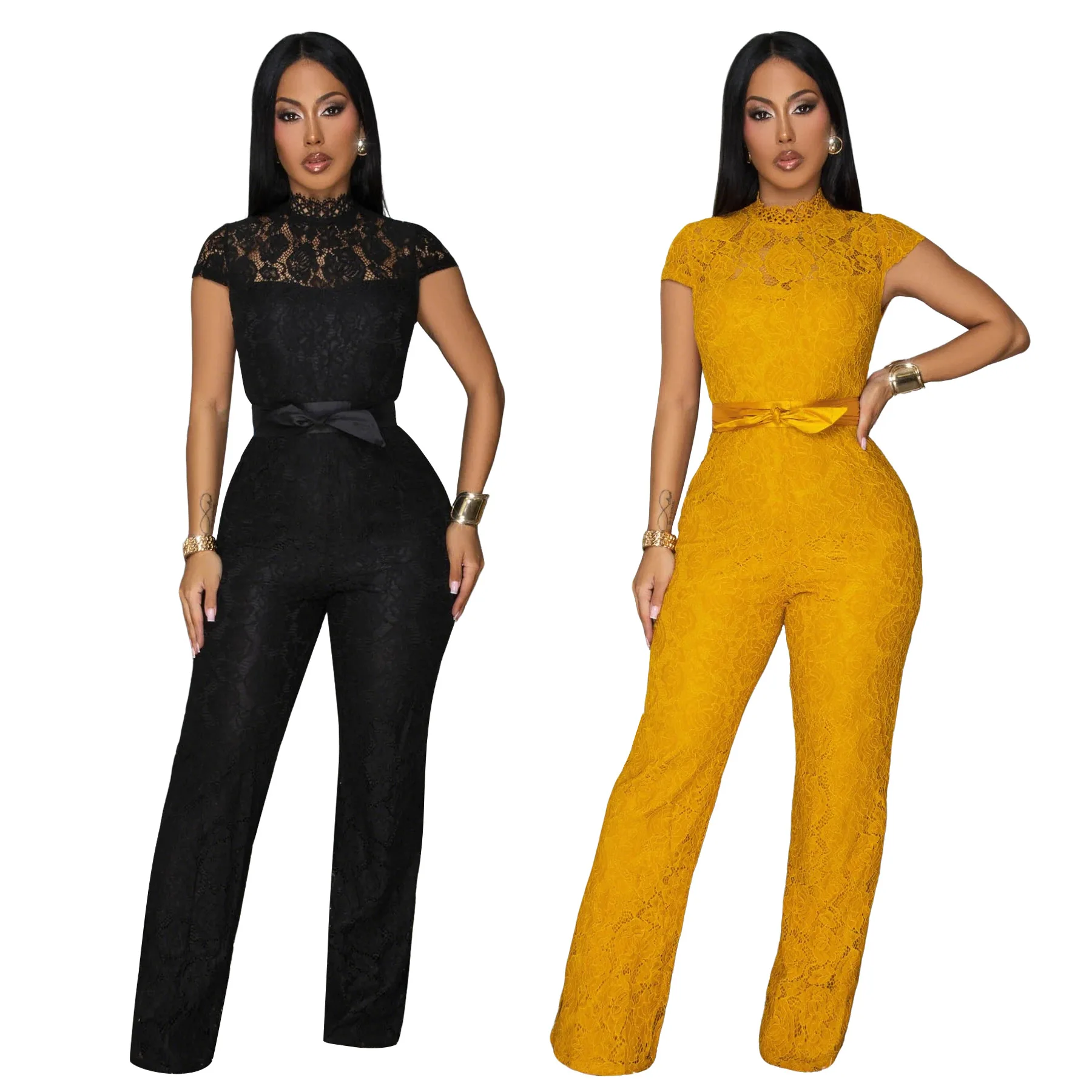 

EINY Chic Women Lace See Though Elegant Short Sleeve O-Neck Formal Jumpsuits Dress Vacation One Piece Set Streetwear Outfits y2k