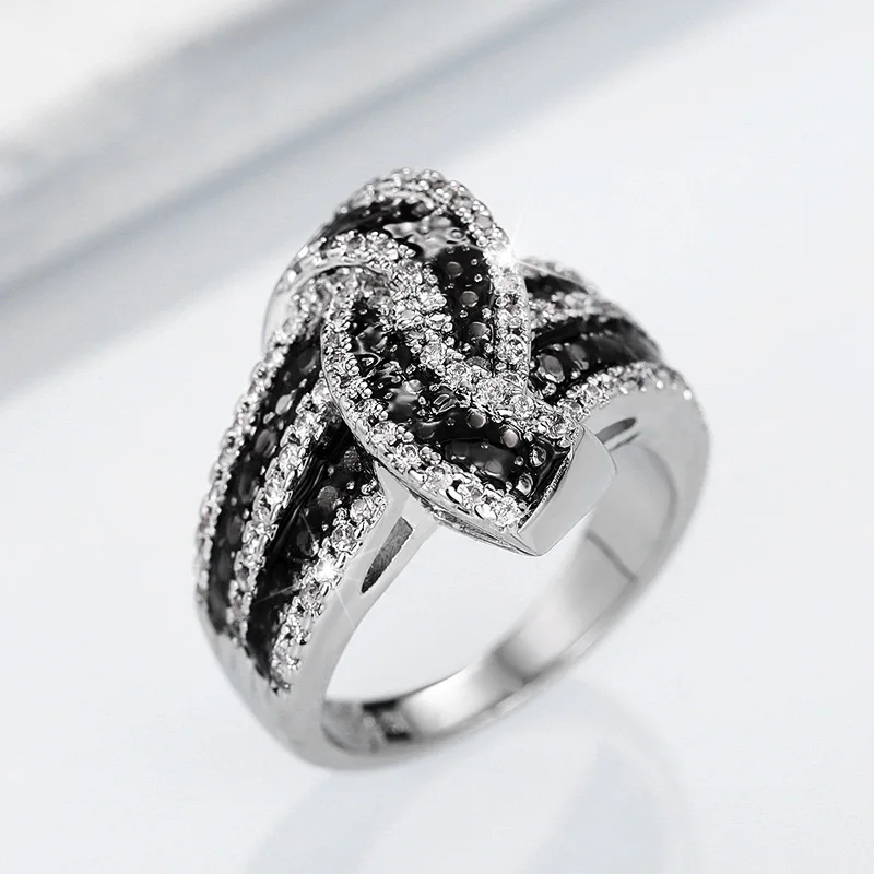 Huitan Special-interested Black White Design Women Rings for Wedding Ceremony Party Knot Shape Fashion Luxury Female Jewelry