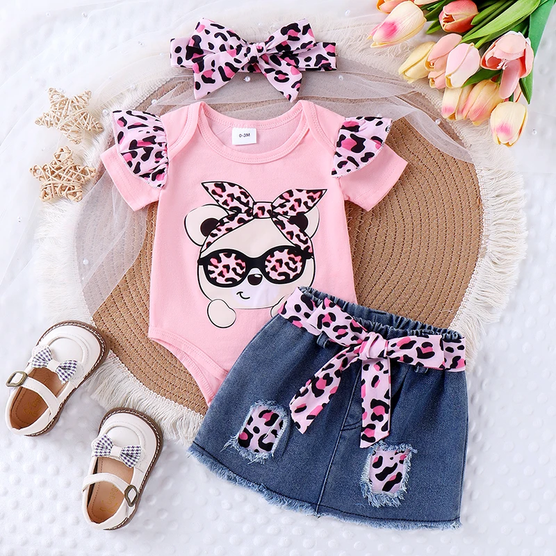 Baby Girl Summer Outfits Leopard Print Fly Sleeve Romper Ripped Denim Skirts with Belt Headband 3Pcs Clothes Set