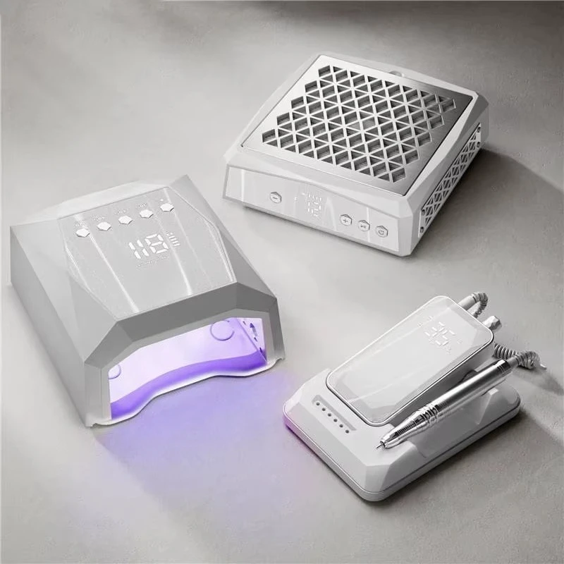 Luxury manicure set: brushless rechargeable nail drill vacuum, electric file, coreless fast-drying LED UV lamp.