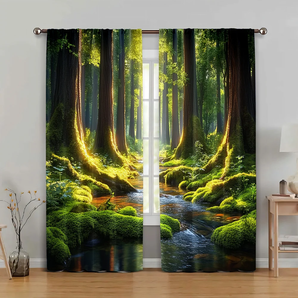 

2pc, Window Curtains Enchanting Misty Forest Machine Washable Fabric,Without Electricity Spring Party & Holiday Decor Use for