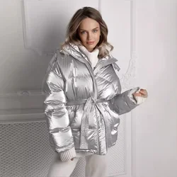 2024 Loose Coat Women Down Cotton Jacket Winter Glossy Silver/Gold  Autumn Winter Hooded Parka Outwear Down Padded Coats Outwear