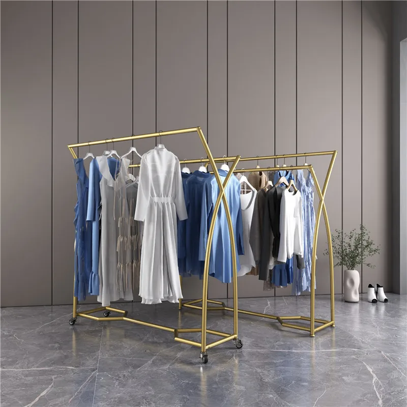 

Fashion Garment Shop Dress Display Iron Rack With Wheels Floor Type Shelf Clothes Hanger Clothes Rack Garment Rack Coat Hangers