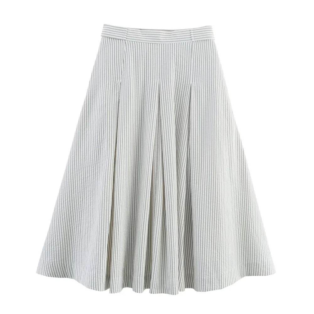 gonna slim fit a vita alta di media lunghezza a righe con decorazione a bottoni, nuova versione standard estiva da donna