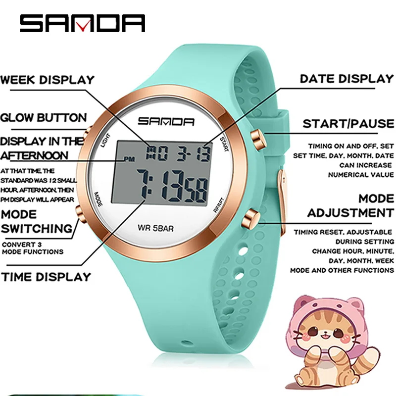 SANDA Girls Digital Watch Women Sports Watch For Women Alarm Clock WristWatch Ladies Waterproof Electronic Watches Children Gift