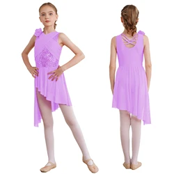 Children Girls Sequin Modern Lyrical Dance Leotard Dress Ballet Gymnastics Figure Skating Ballroom Latin Cha-Cha Waltz Dancewear