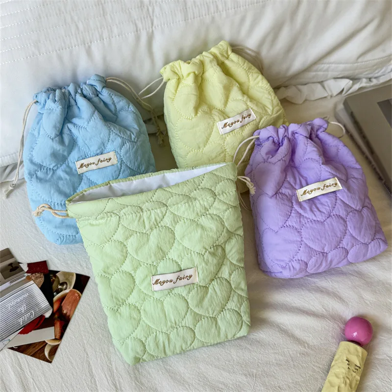 Solid Color Heart Quilted Drawstring Cosmetic Bag Macaron Pastel Tone Portable Soft Makeup Storage Pouch For Women Daily Trave