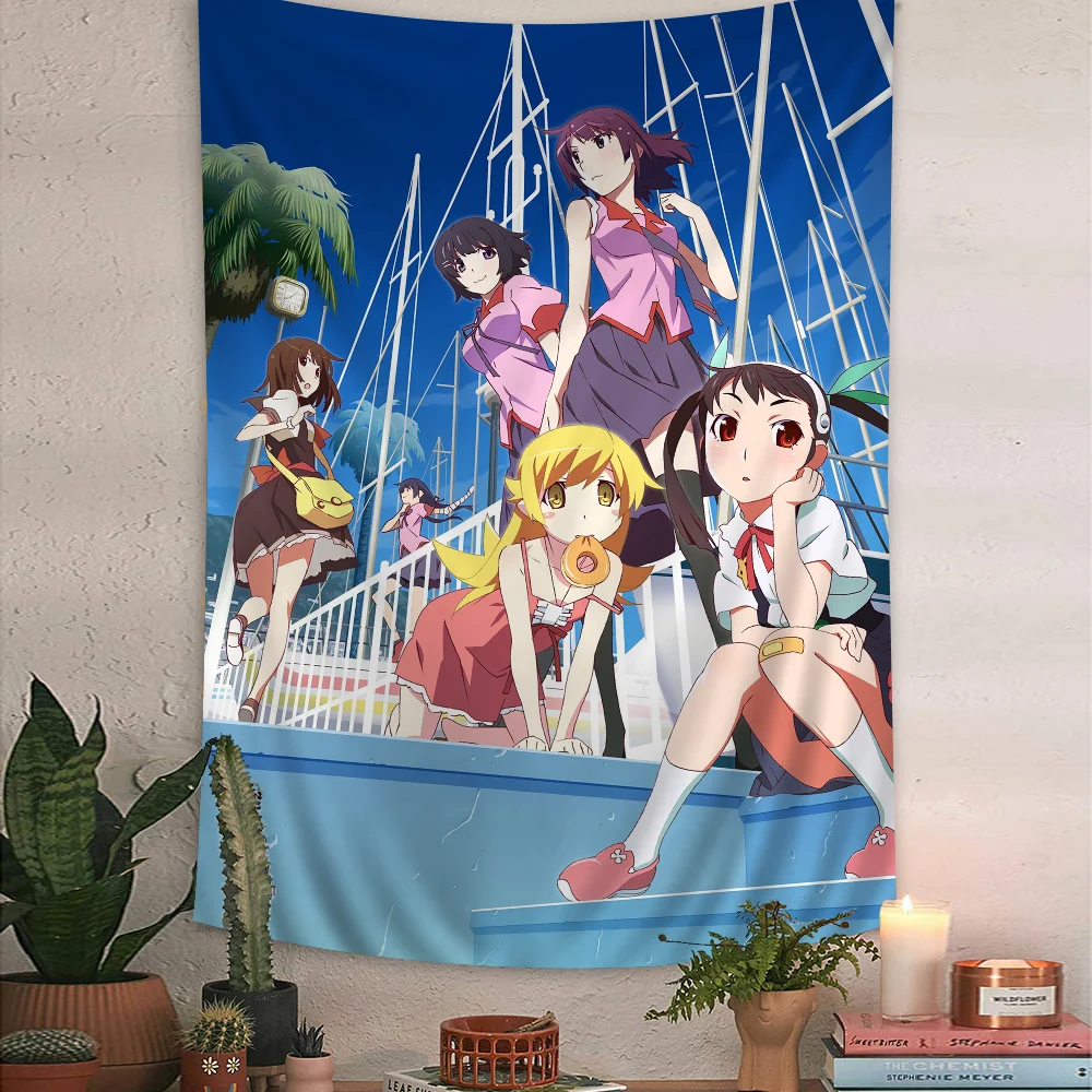 Tapiz artístico de Bakemonogatari con estampados de uniformes escolares casuales y divertidos, ideal para decorar la habitación de los fanáticos del anime.