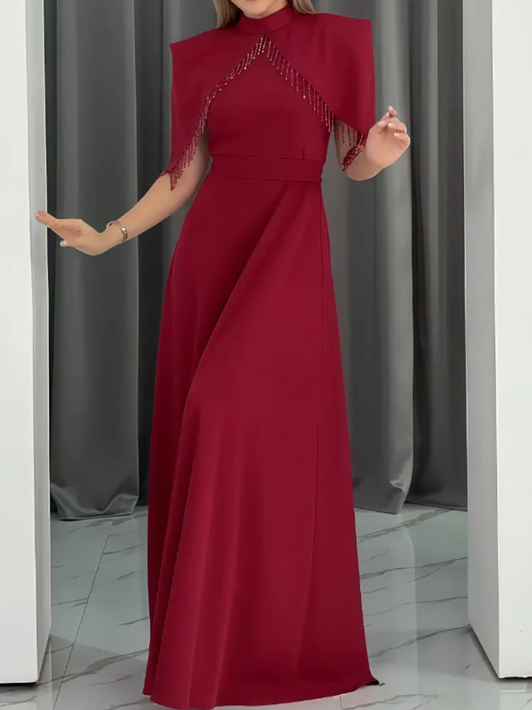 Sukienki na studniówkę w jednolitym kolorze z plisami, damskie sukienki codzienne z okrągłym dekoltem, krótkim rękawem, długie sukienki codzienne, sukienki bankietowe z frędzlami, patchworkiem i wysokim stanem.