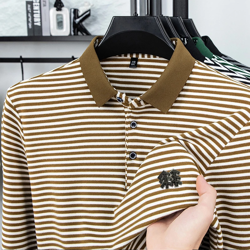 Men's Long Sleeved T-shirt, Youth Lapel T-shirt, Autumn Clothes Striped Polo Shirt Double-sided German Velvet 2025 New Trend Top