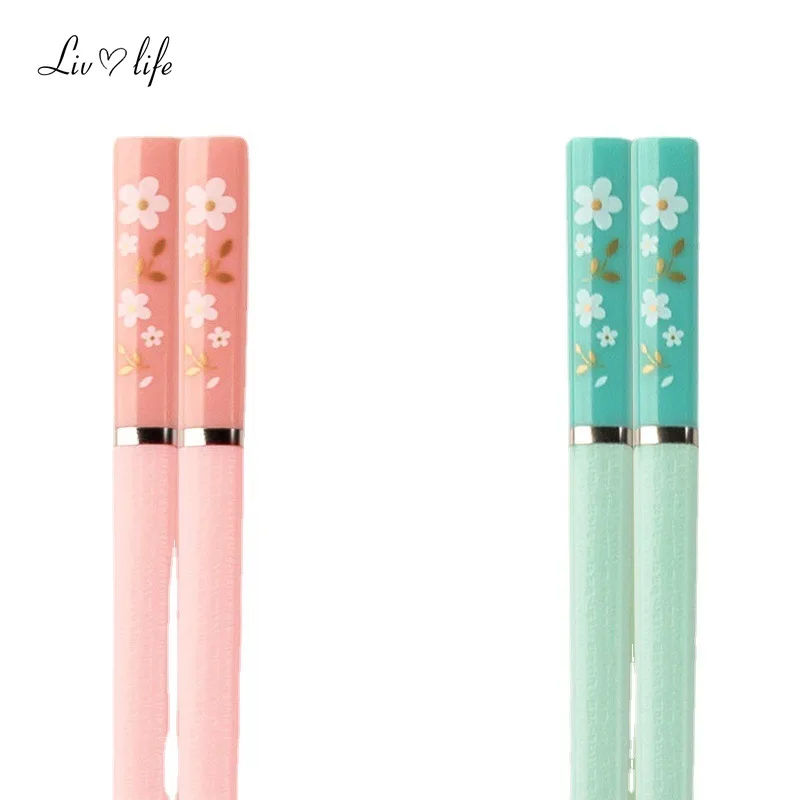 1 Pair of Household Kitchen Chopsticks Chinese Style Alloy Chopsticks Pink Cherry Blossom Chopsticks Hot Pot Kitchen Utensils