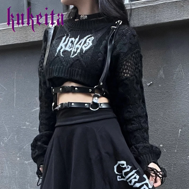 Gothic Sweater Women Hole Knitted Grunge O-neck Print Pullovers Punk Loose Jumper Harajuku Alternative Clothing Emo Y2K Crop Top