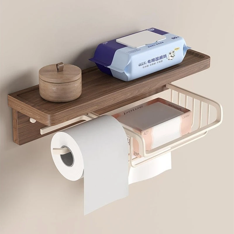 Walnut Wall Mount Tissue Holder Punch-free Bathroom Tissue Box Multifunctional Toilet Paper Storage Rack For Restroom Decor