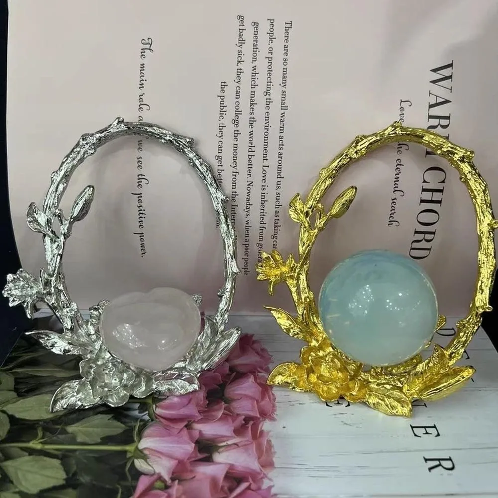 Branch and Rose Flower Wreath Crystal Ball Stand Metal Figurine Display Base Sphere Holder Mineral Specimen Healing Stone