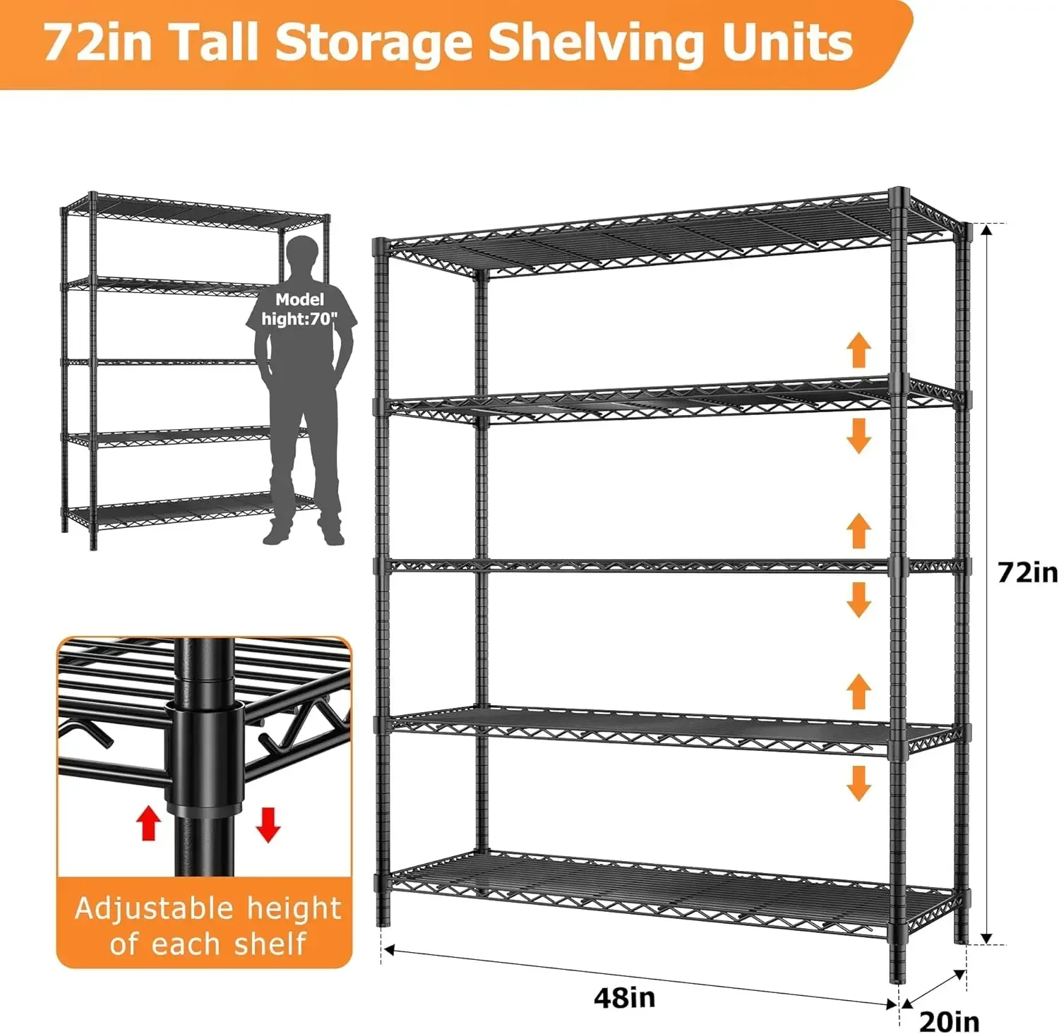 48" L x 20" W x 72" H Garage Wire Shelving Unit Loads 2000LBS, 5-tier Adjustable Metal Industrial Utility Shelf Rack