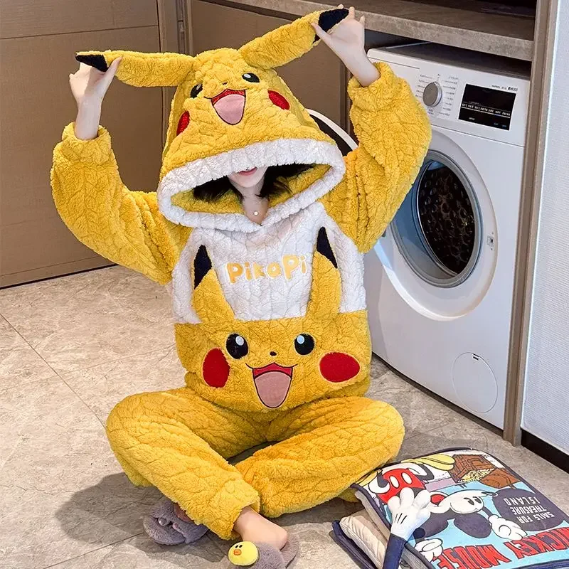 

Pokémon Pikachu Women's Pajamas 2025 New Winter Coral Fleece Thickened Hooded Warm Pajamas Cartoon Cute Outerwear Homewear Gift