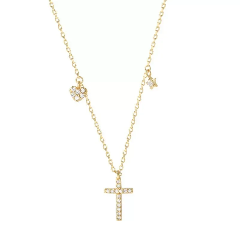 

S925 14K Gold Plated Cross Necklace with Star & CZ Heart Diamond-Cut Collarbone Chain for Women