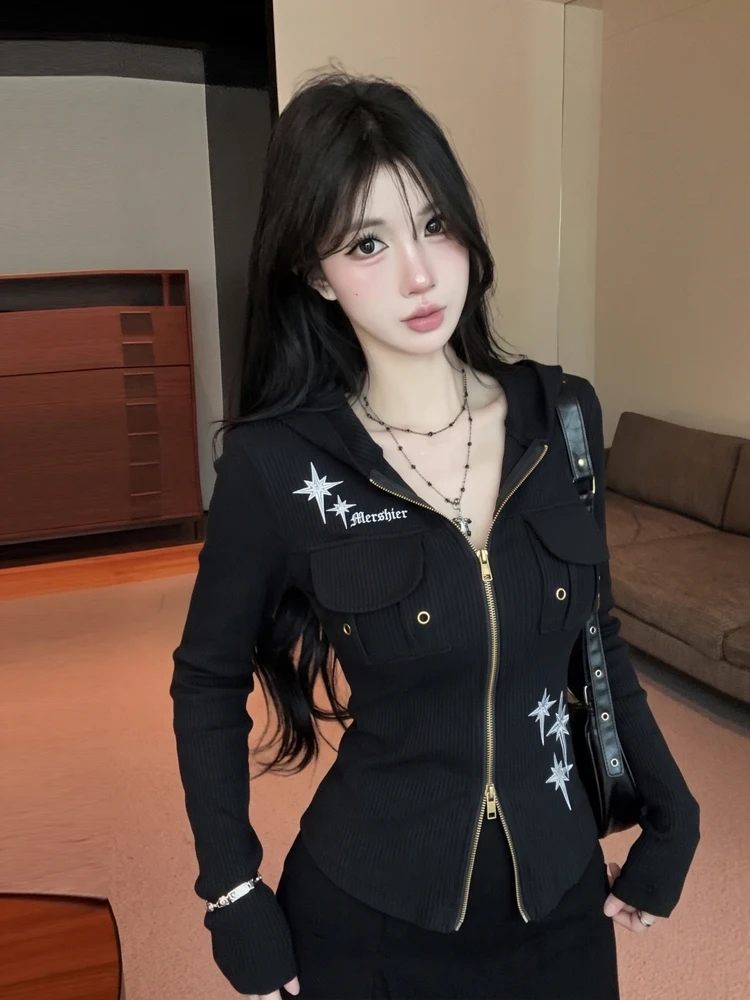 Sexy American Style Long Sleeve Hoodie T-Shirt Double Zipper Versatile Slimming Short Outerwear Top for Women Trendy Autumn Wear