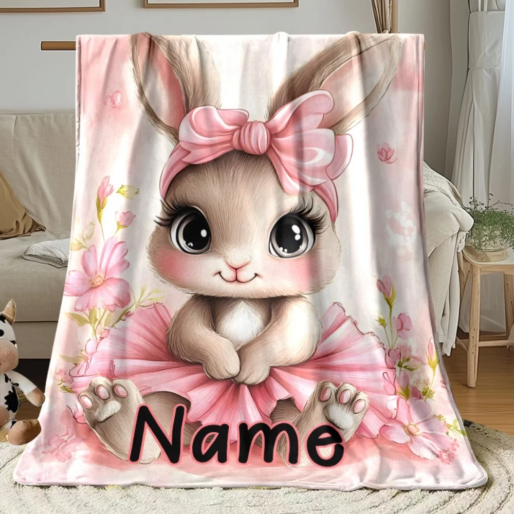 1Pc Personalized Custom Name/Text Cute Rabbit Flannel Blanket, Soft and Comfortable, Suitable for Office, Home, Unique Present