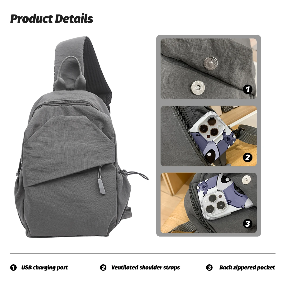 Men's Chest Bag, Fashionable Chest Messenger Bag, Niche Waist Bag, Large-Capacity Casual Commuter Shoulder Bag, Mountain Climbing image 3