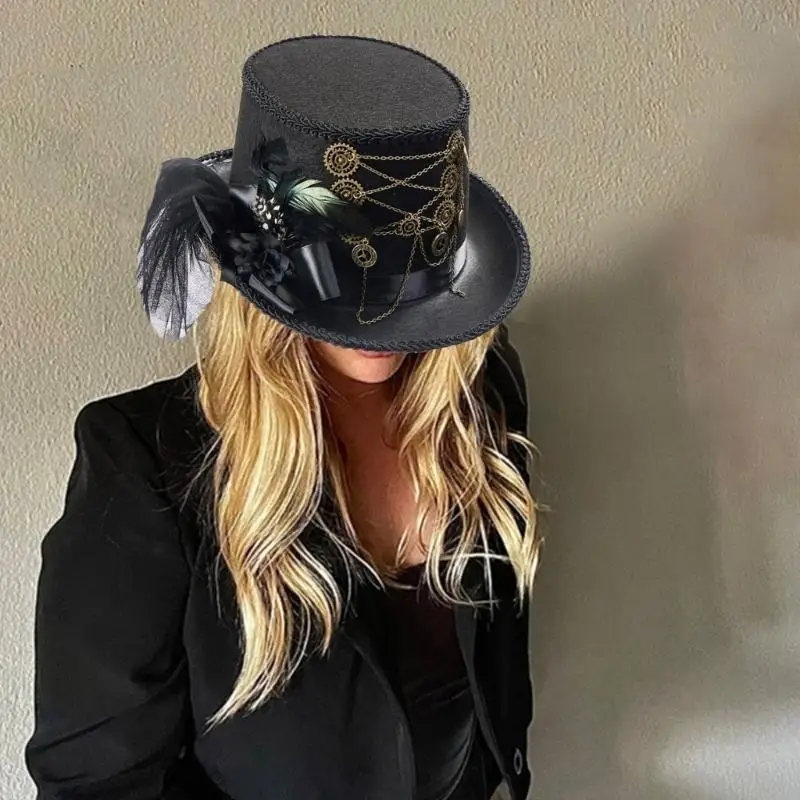 L5YA Steampunk-meisjeshoed met platte hoed Halloween-kostuumhoed met tandwielketting en verendecors