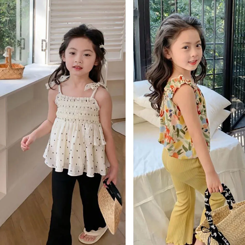 Children Summer Flared Trousers Lightweight Kids Ribbed Silky Perfect Capris for Princess-Style Girl Casual Long Pants 1-10 Year