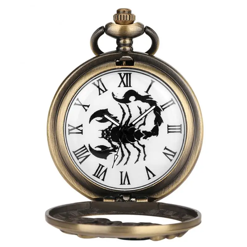 Oco Bronze Scorpion Padrão Fob Cadeia Jóias Quartz Pocket Watch Homens Roman Numbrals Steampunk Pingente Colar Relógios De Corrente