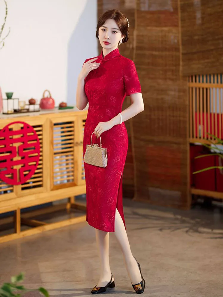 

2023 Summer Engagement Red Cheongsam Chinese Style Wedding Evening Dress Lace Temperament Young Long Toast Qipao Dress for Women