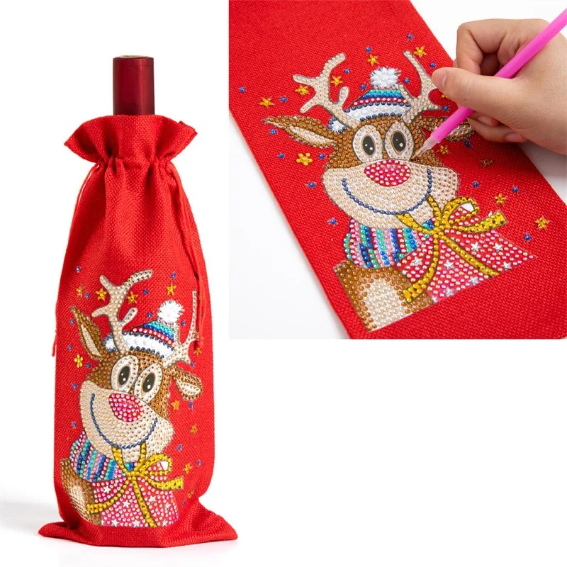 Cubierta de botella de vino de Navidad con pintura de diamantes, taladro de forma especial, Kits de Feliz Navidad DIY, bolsa con cordón de decoración navideña