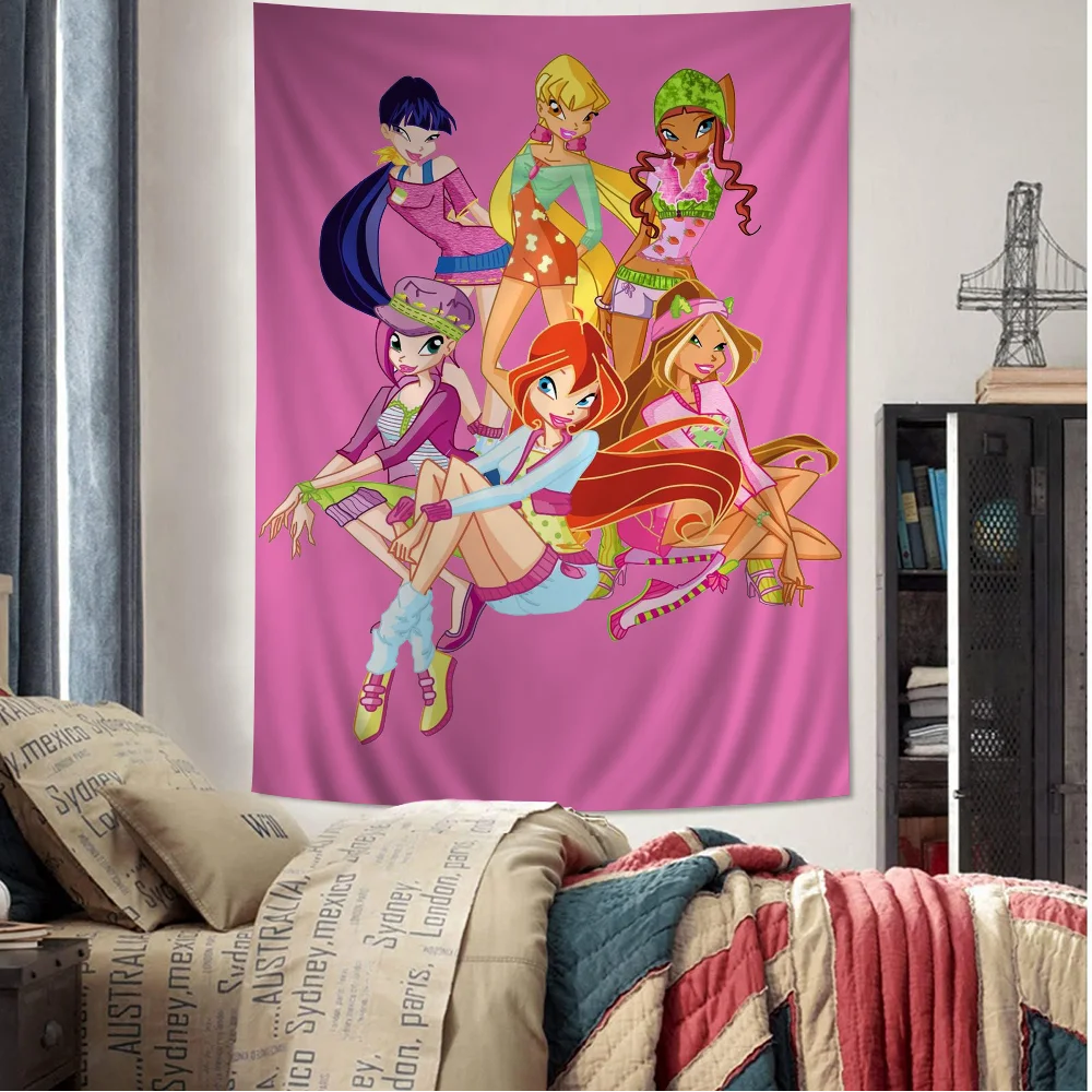 GirlS Cartoon W-Winx Printed Large Wall Tapestry Wall Hanging Decoration Household Decor Blanket