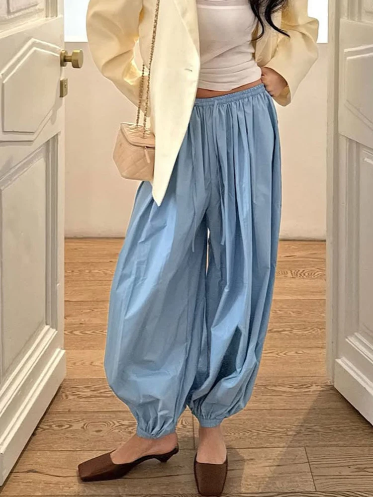 Solide Frauen Lose Jogger Blommers High Street Casual Plissee Hosen mit Taschen Sommer Herbst Weibliche Kordelzug Lange Hosen