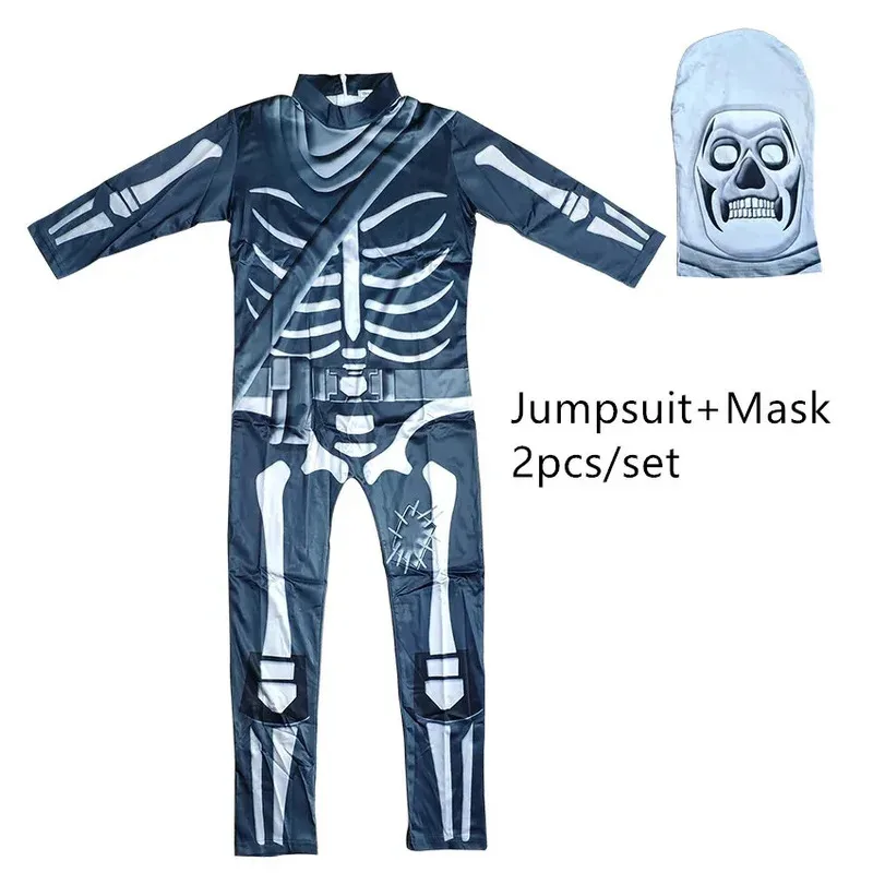 Scary Skull Trooper Jumpsuit Fancy Party Dress Skeleton Cosplay Role Play Halloween Costume for Kid Boy Festival Masquerade Mask