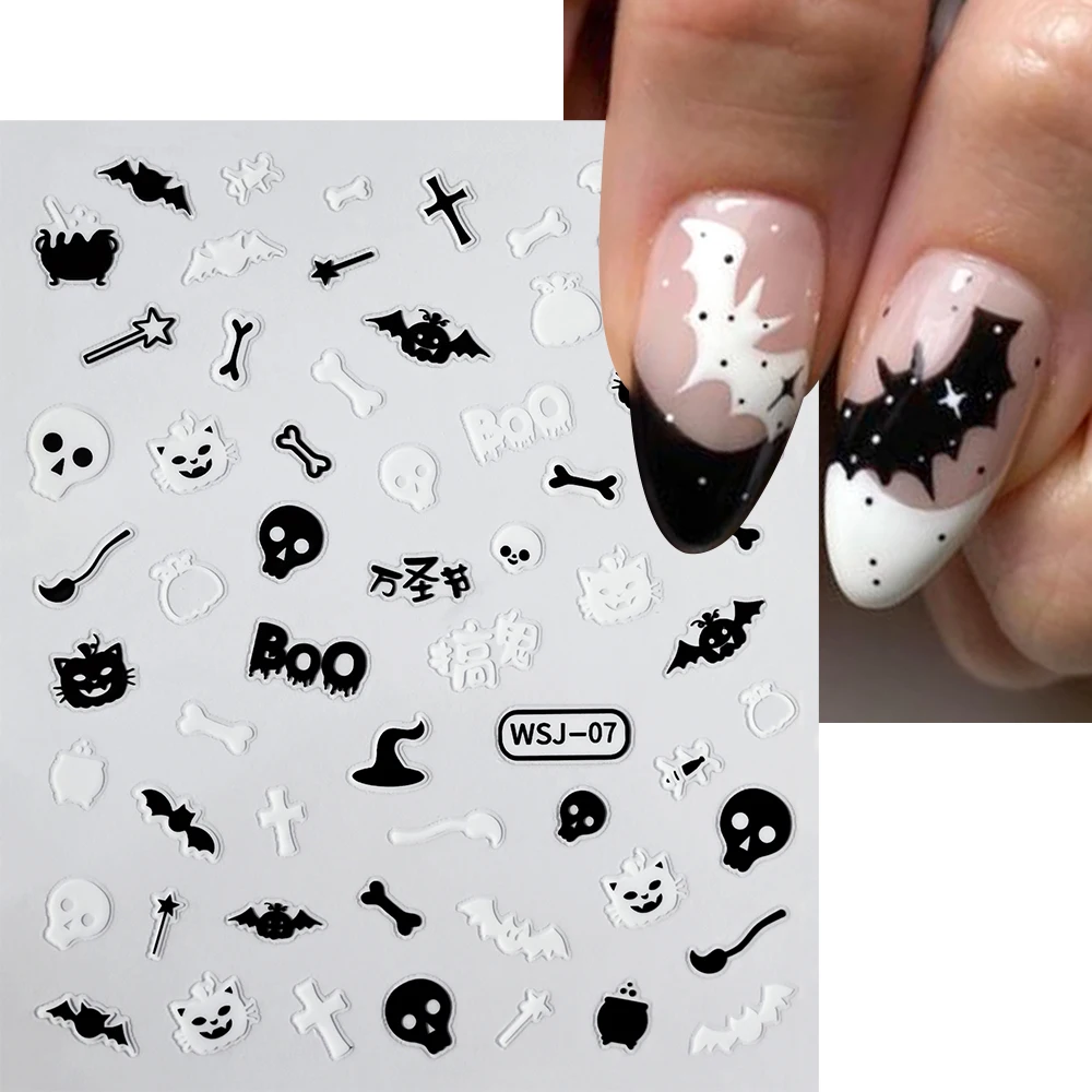 Adesivi per nail art 3D Halloween Punk Goth Nero/Bianco Teschio Zucca Pipistrello Ragnatela Adesivi per unghie Cursori Decalcomania per manicure Decoratio