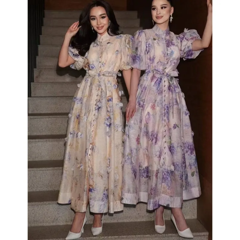 

Australian Fashion Summer Women Dress Bubble Sleeves Single Breasted Print Tie Long Dress