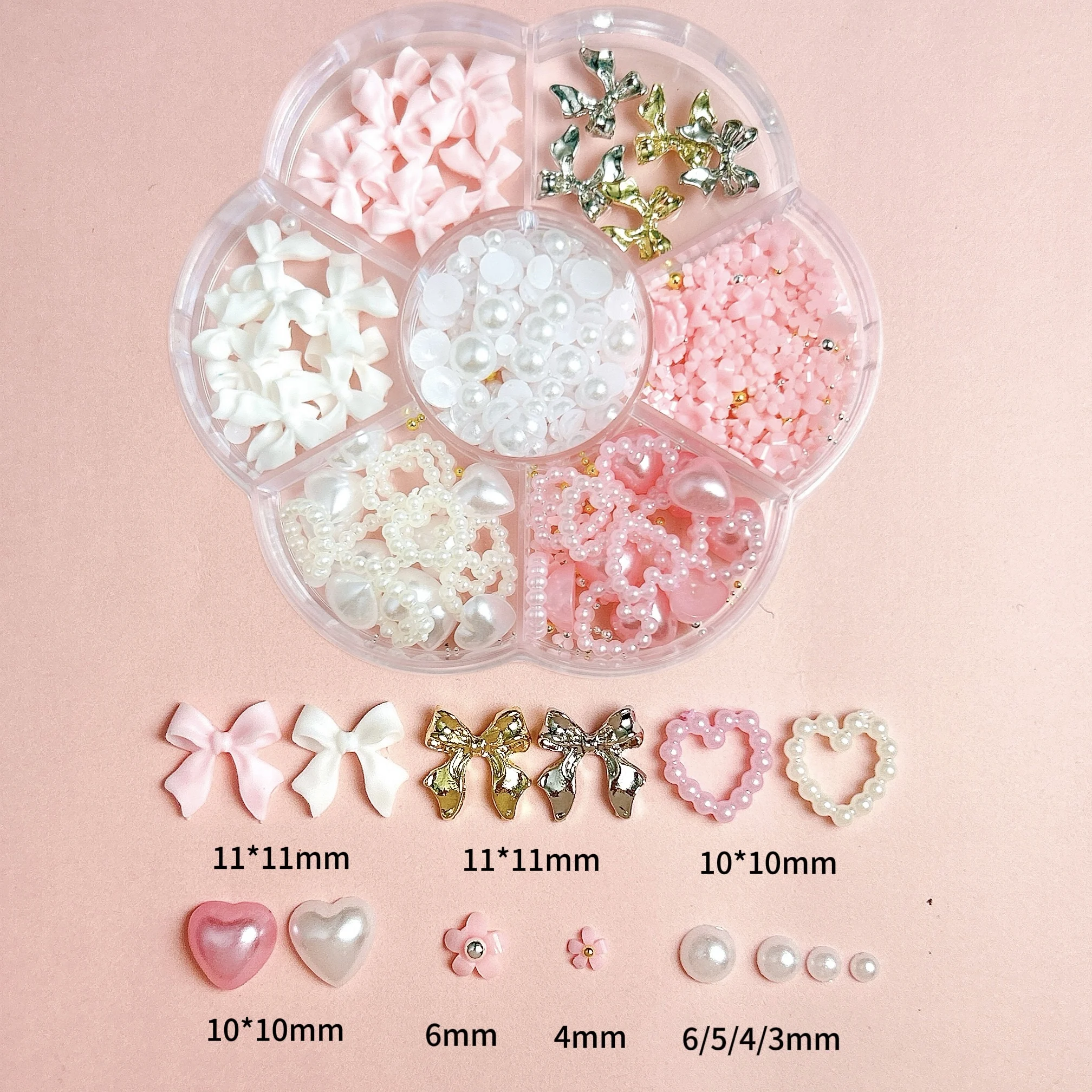 1Box Minimalist Ribbon Bow Heart Resin Nail Art Decorations Mini Sparkling Half Round Rhinestones Mixed Nail Charms DIY Manicure