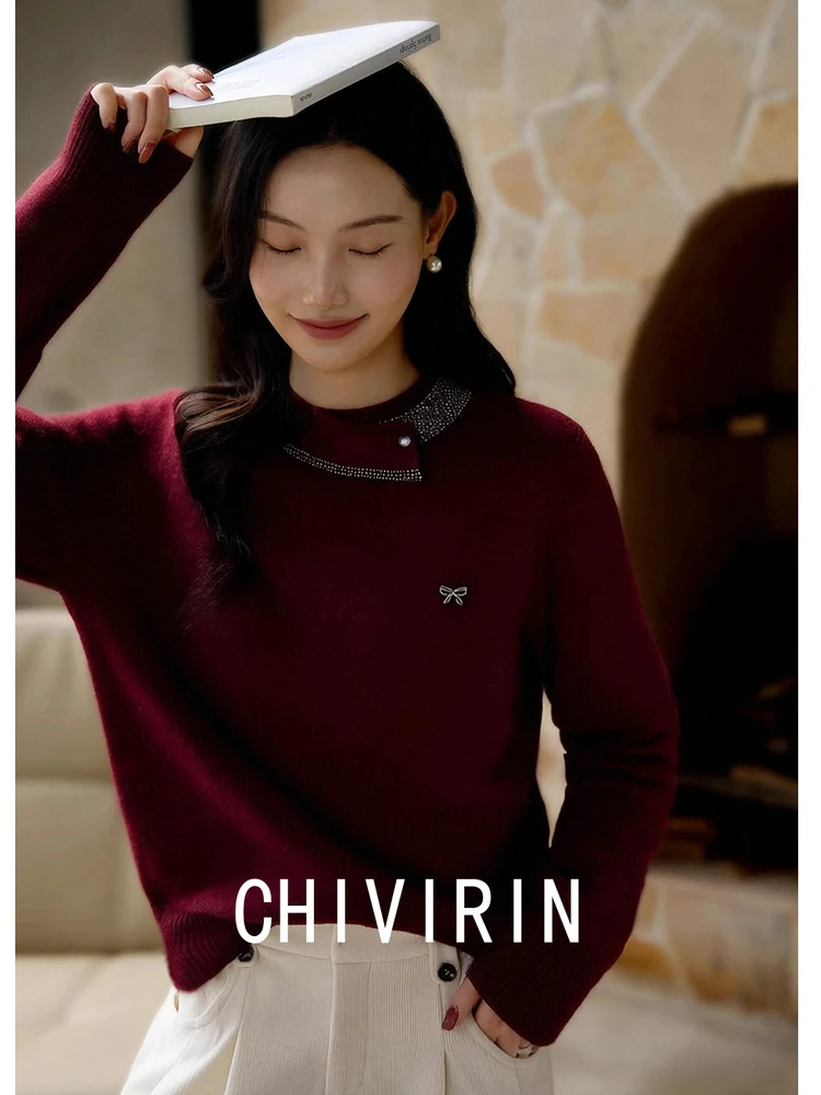 

Вязаный шерстяной свитер в стиле ретро для женщин, круглый вырез, длинный рукав, красный, с узлом, роскошный, легкий, весенне-осенний трикотаж