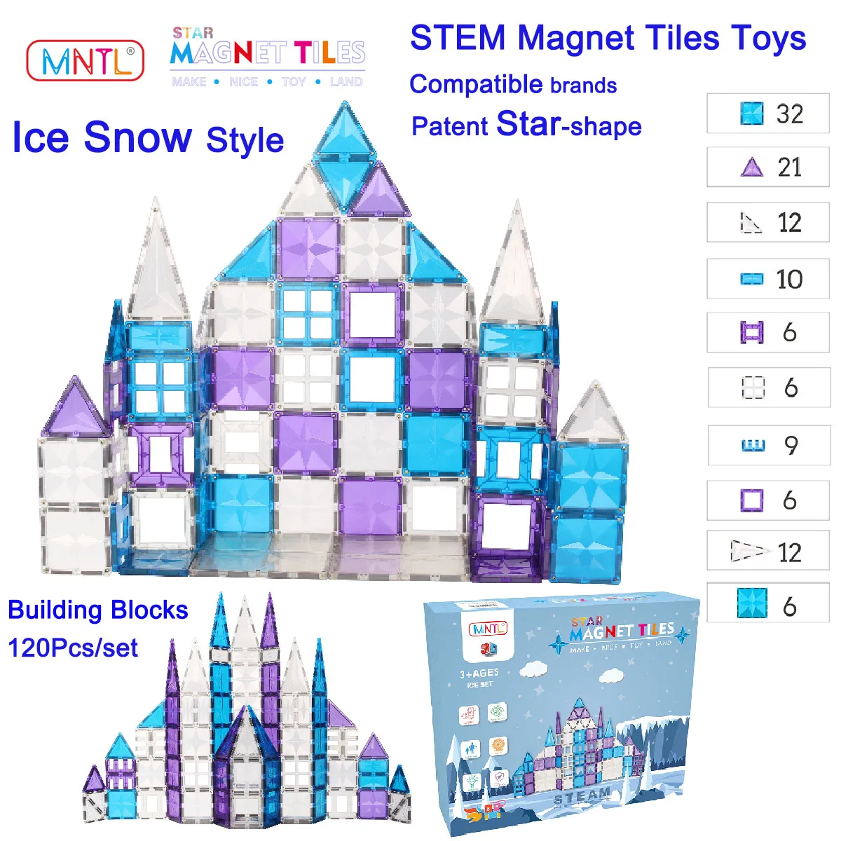 MNTL 120Pcs Magnetic Tiles Building Toys Set STEM Educational Toy Magnet Blocks Stacking Bricks Kids Boy Christmas Birthday Gift