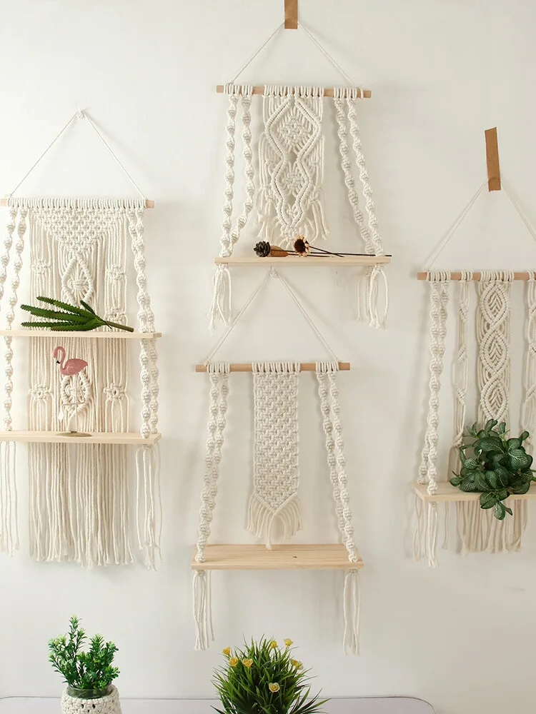 Bohemian Handwoven Cotton Rope Plant Shelf Partition Wall Hanging Home Decor for Guest Room Pure Color European Style