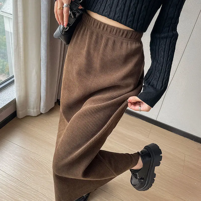 

Autumn and Winter High Waist Slimming Bodycon Corduroy Mid-length Coffee Color Skirt for Women